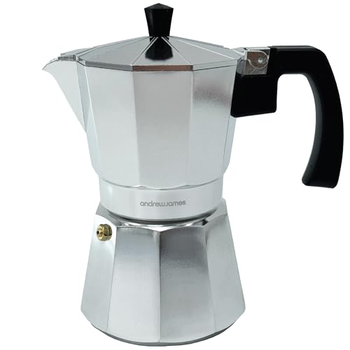 andrew james 6 Cup Moka Pot Coffee Percolator, Italian Espresso Maker Stove top Coffee Maker for Ground Coffee, Aluminium Mocha Pot with Cool Touch Handle (Silver)