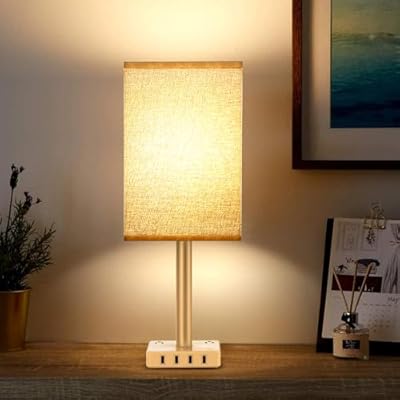 Touch Control USB Table Lamp, 3-Way Dimmable Nightstand Lamp with 4 Fast Charging USB Ports & 2 Outlet, USB Beside Table Lamp Included 2700K 800LM Bulb for Bedrooms Living Room Office