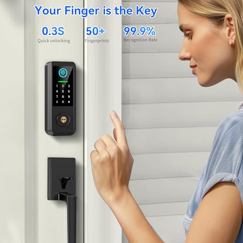 Image of Fingerprint Smart Door Lock with Handle Set, Keyless Entry Door Lock with Keypad,5-in-1 Deadbolt,Bluetooth Deadbolt with Auto Lock,Black