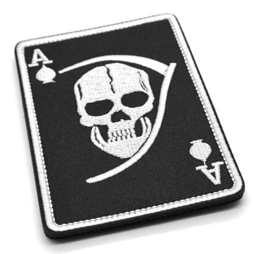 Image of Ace of Spades Grim Reaper Morale Patch w Skull Hook and Loop Fabric Playing Card Death Badge 10cm x 7cm British Forces Airsoft Black