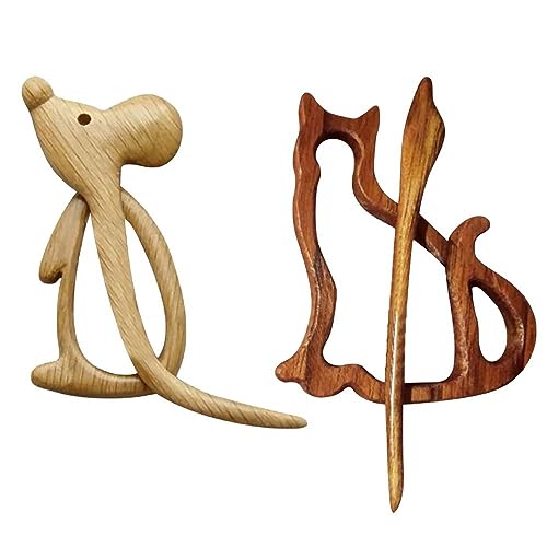 Jolie broche en bois en forme de chat et de souris, broche mignonne avec motif animal en bois, broche en bois pour pull, châle, écharpe, fermoir à boucle