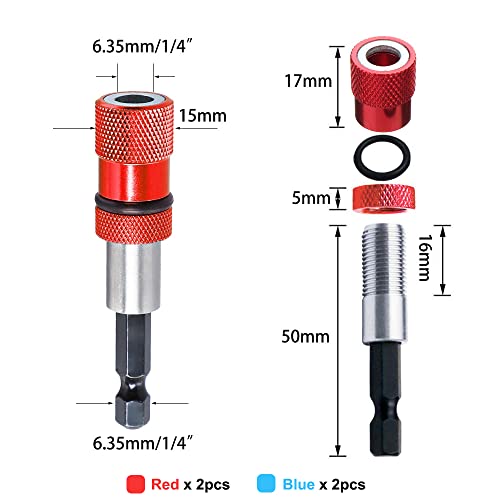 Saipe 4Pcs Adjustable Screw Depth Screwdriver Bit Holder With S2 Phillips 2 Screw Driver Bits, 1/4 Inch Hex Shank Magnetic Steel Screwdriver Drywall Screw Bit (Red+Blue) #TOP2