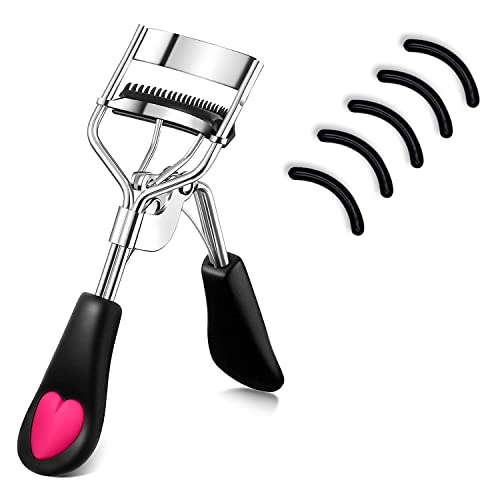 MERVK Stainless Steel Eyelash Curler with Built-in Comb Pinch Pain-Free Suitable for Any Eye Shapes and Sizes with 5 Silicone Refill Pads (Black)