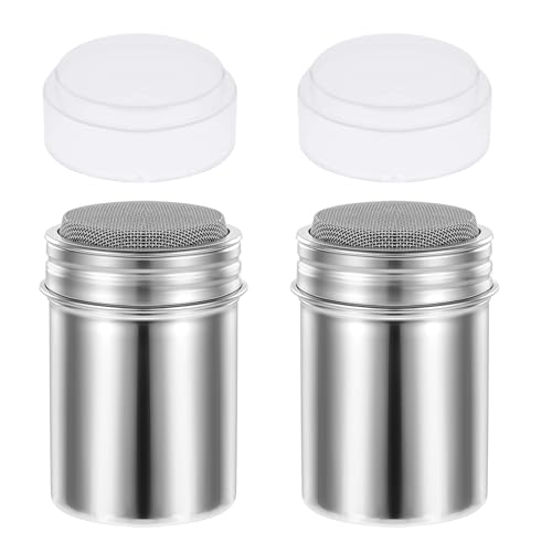 SHENGYIG 2 Piezas Espolvoreador Cacao, Acero Inoxidable Dispensador de Canela en Polvo, Plata Latas de Polvo con Malla, con Tapa Hermética, para Azúcar Glas, Canela, Cacao en Polvo