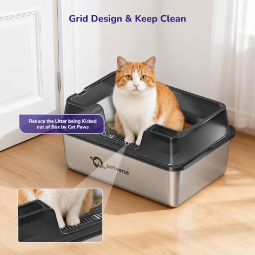 Image of Petverse Stainless Steel Cat Litter Box [60x40x22cm] Extra Large Metal Cat Litter Tray with Scoop | Non-Stick,Odour Resistant & Easy to Clean | Durable Leak-Resistant Litter Box for Indoor Cats