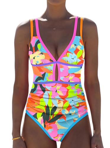 Image of popvil Women One Piece Swimsuit 2026 Tummy Control Sexy Cutout Neon Color Block Bathing Suit Slimming Adjustable Swimwear