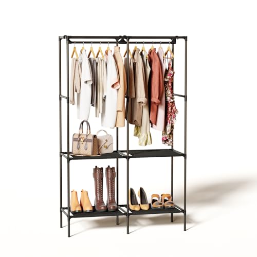 ALL Fire Portable Closet, Wardrobe Closet with 4 Shelves and 2 Hanging Rods, Freestanding Clothing Rack for Bedroom, Storage Organizer for Hanging Clothes, Black