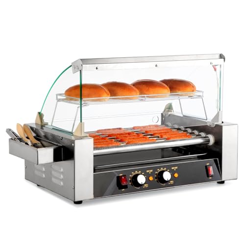 DONGYEMO Macchina Commerciale per Hot Dog, 7 Rulli 18 capacità Hot Dog, 1200 W Macchina per Grigliare Salsicce con Doppio Controllo della Temperatura Cappa in Vetro Copertura Acrilica Scalda Panini