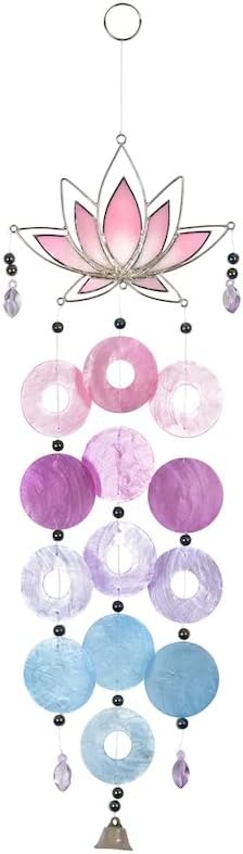OM Gallery Capiz Shell Wind Chime - Colorful Wind Chimes, Beach Hawaiian Wind Chime Sea Shell Chime For Outside and Inside, Gift for Patio Garden and Yard, Lotus Blue - Pink