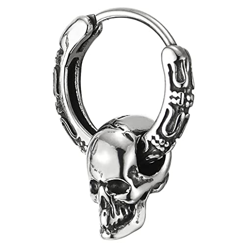 Mens Womens Stainless Steel Vintage Circle Huggie Hinged Hoop Earrings Dangle with Skulls, 2pcs3