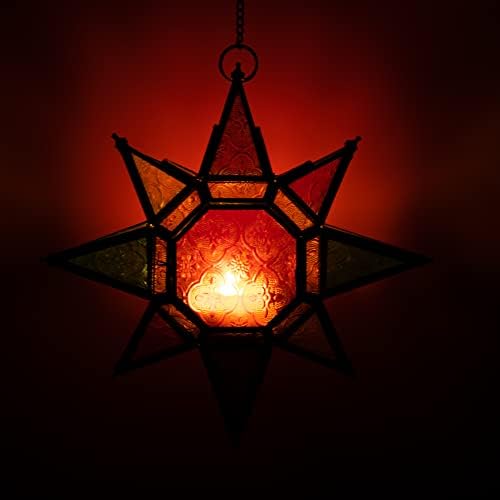 ETHNICITI Star Moroccan Lantern 25cm High Large Classic Vintage Turkish Tonal Glass Lantern Hanging Candle Tealight Holder for Wedding Party Indoor Outdoor Home Garden Living Room