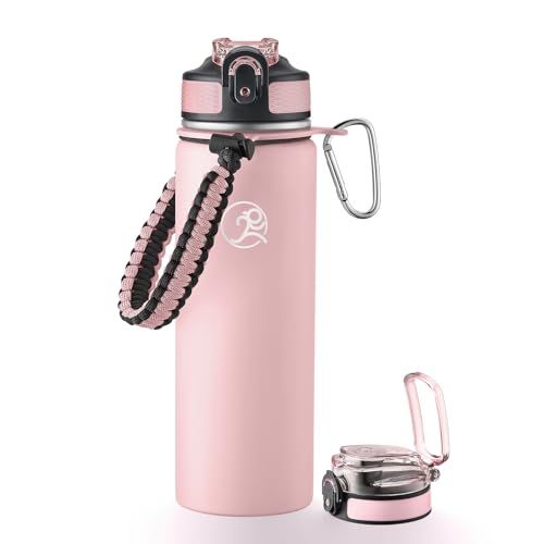 Image of GOSWAG 24oz Insulated Stainless Steel Travel Water Bottle, 2 Lids | with straw and no straw, Paracord handle, Double-wall vacuum keeps drinks cold or hot, Leakproof tumbler