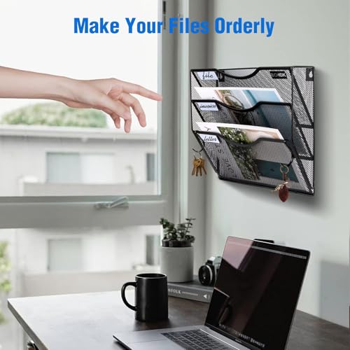 Wall-File-Organizer-3-Tire-Hanging-File-Folder-Mail-Organizer-Vertical-Mesh-Metal-DoorWall-Mount-Hanging-File-Holder-Paper-Document-Magazine-Rack-with-Hooks-for-Home-Office-Black