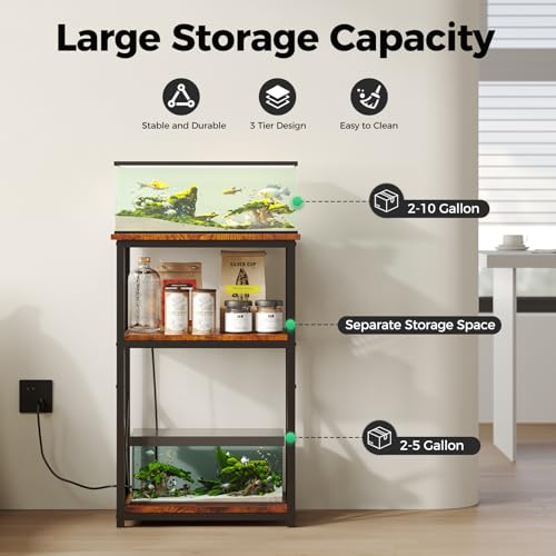 HavenlyYouth 10 Gallon Fish Tank Stand with Power Outlet , 3 Tier Aquarium Stand with Shelf, Turtle/Reptile Tank Stand for Home Office ,Adjustable Boards, 20.47\'\'L×11.42\'\'W×30.91\'\'H, Retro Brown
