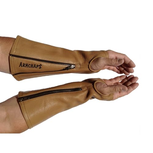Arm Chaps Leather Protective Sleeves Arm Guard - Prevent Cuts, Scratches & Bruises - Genuine Cowhide - Ideal for Gardening & Construction - Left & Right Form-Fitting. Brown (1 Pair/Large).