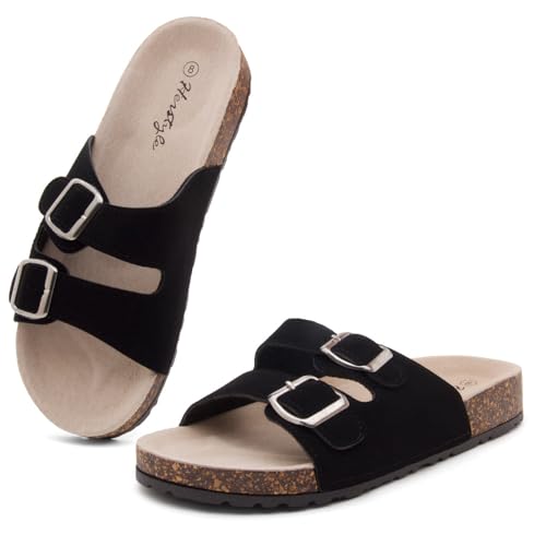 Image of Herstyle Womens Cork Footbed Slides for Women, Double Strap Flat Sandals, Adjustable Buckle Comfort Slip On Shoes, Summer Beach Casual Walking Slippers
