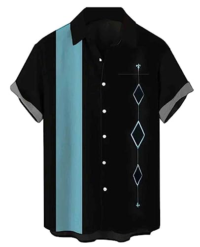 Hodaweisolp Camisas de bolos para hombres de manga corta con botones y botones hawaianos ocasionales impresos camisa de playa suelta, Printed Blue, X-Large