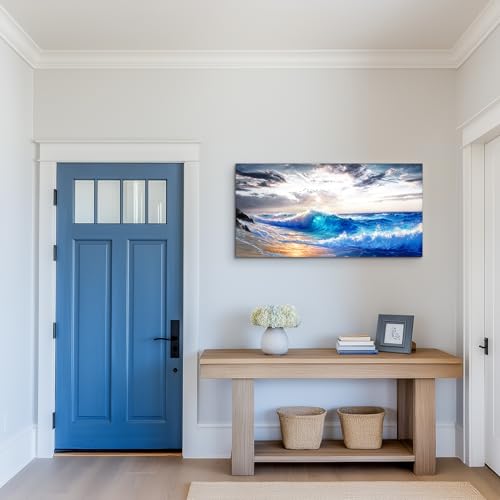 crmotu Beach Wall Art, Coastal Wall Decor, Large Landscape Wall Art, Ocean Wave Art Prints, Beachy Sunset Pictures For Living Room, Entryway Bedroom Aesthetic Artwork, Modern Office Decor 24x48inch