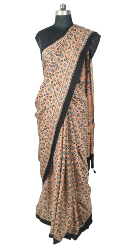 Image of Ethnics of Kutch Womenss Ajrakh Modal Silk Natural Dye Hand Block Print Saree with Blouse Piece - 5.5 Mtr Length
