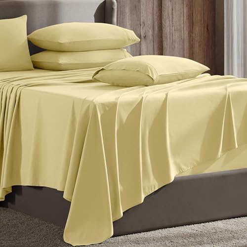 Image of Hearth & Harbor Extra Deep Pocket Sheet Sets, Luxury Soft 6 Piece Bed Sheet Set Fits Mattress 18-24 Inches - Queen, Mellow Yellow