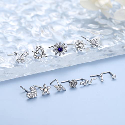 Yadoca 12 Pcs 20G Nose Studs Surgical Steel L Shaped Nose Rings Studs For Women Men Cz Heart Butterfly Flower Snake Nose Piercing Jewelry #TOP7
