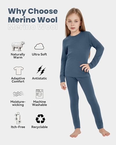 Kids Unisex 100% Merino Wool Base Layer Sets Lightweight Thermal Underwear2