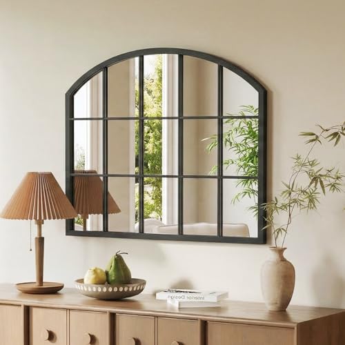 Image of Uniclinens Arched Window Wall Mirror - Black Window Pane Mirror Decor with Metal Frame, Grid Wide Arch Mirror Farmhouse Ideal Decor for Entryway, Living Room,Buffet Table, Hallway, Fireplace, 32 inchX24 inch