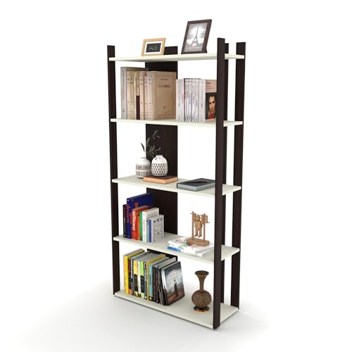 Image of ESTANTERIA Cuadrito Book Shelf Wooden Engineer Wood Book Rack for Study Room 5 Tier Corner Rack Storage Organizer Modern Book Display Showcase Stand for Library, Living Room,Office(Wenge & White)