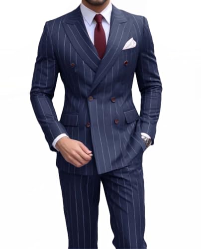 Men’s Slim Fit 2 Piece Suit Classic Stripes Double Breasted Wedding Business Formal Suit Jacket Pants Set