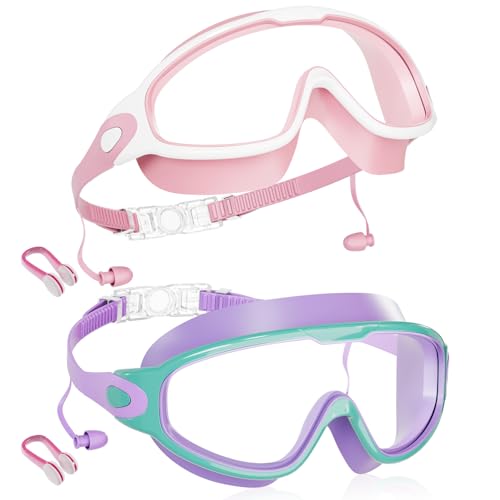 Aegend New Kids 2 Pack Wide View Swim Goggles Anti-Fog/UV No Leak Goggles with Ear Plugs Kids 3-14