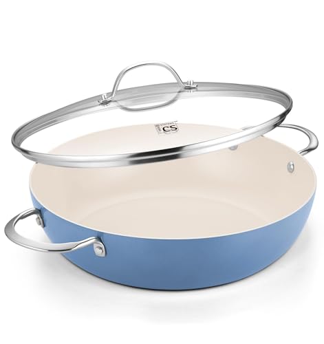 KOCH SYSTEME CS Saute Pan with Lid 12 Inch Deep Frying Pan with PFOA-Free Ceramic Coating 6QT Large Saute Pan with Lid Nonstick Large Deep Pan Oven Safe Induction Compatible Pearl Blue