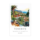 QOGDAF Tenerife - Póster de lona de viaje con acuarela de España, decoración de dormitorio, paisaje, oficina, habitación, regalo, 24 x 36 pulgadas (60 x 90 cm)