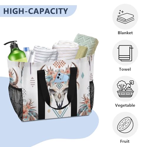 Retro Cow Skull Flower Large Beach Bag Waterproof Beach Tote Bags for Women Travel Gym Pool 5