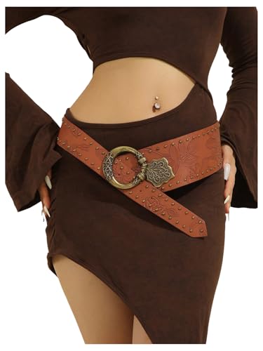 Verdusa Women's Retro Vintage Floral Studded Waist Belts Metal Buckle Western Cowgirl Waistband