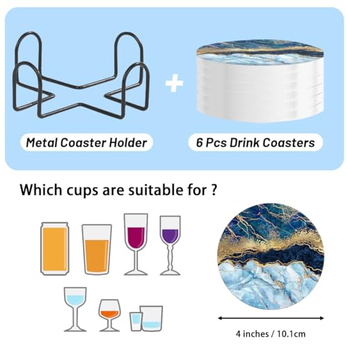 Aienau 6 Pcs Ceramic Coasters With Holder Absorbent Drink Coasters Round Ceramic Table Coasters Set Decorative Coffee Cup Beverage Coasters Wine Beer Bar Coasters Blue Marble thumb #4