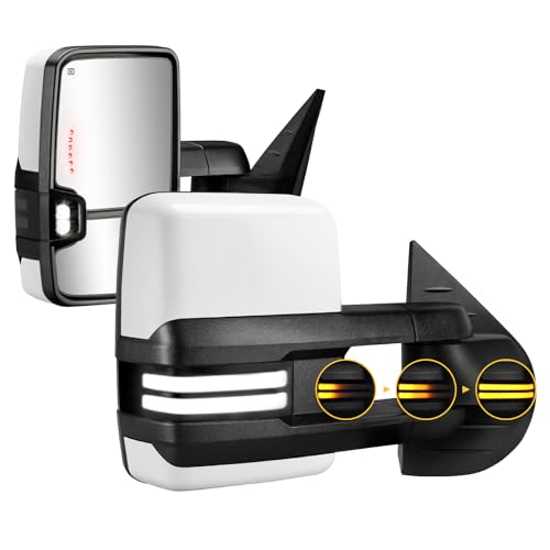 Sanooer Towing Mirrors Painted White Switchback Dynamic Turn Light Compatible with 2007-2013 Chevy Silverado Suburban Tahoe GMC Sierra Yukon with Running Lights Power Glass Backup Lamp Heated Set