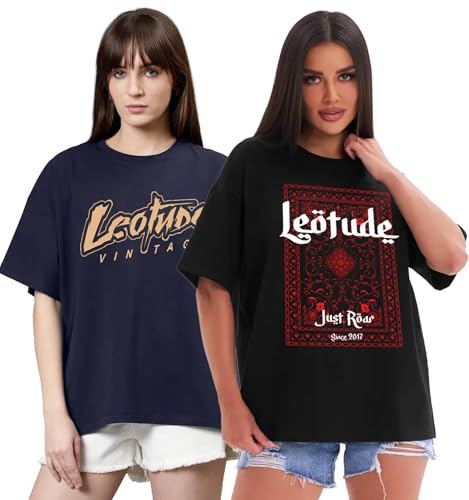 Image of LEOTUDE Women Cottonblend Drop Shoulder Oversized Round Neck Half Sleeve Tshirt, Longline Printed T-Shirt