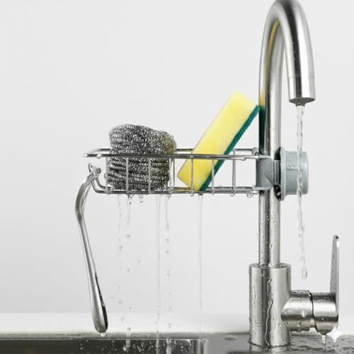 Image of Faucet Mounted Sponge Holder for Kitchen Sink - Stainless Steel Tap Storage Rack Organizer | Adjustable Clamp Basket for Scrubber, Soap, Dishwashing Accessories | Rust Proof (SS Caddy, Pack of 1)