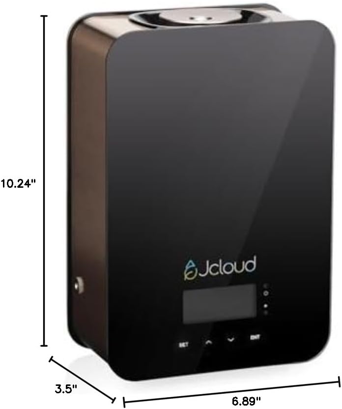 Dimensions of the JCLOUD Smart Scent Air Machine: 10.24 inches height, 6.89 inches length, 3.5 inches width.