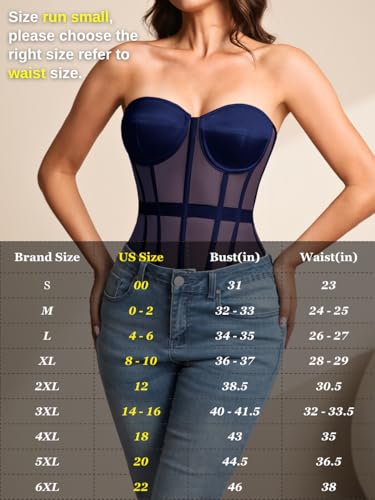 Image of Kaei&Shi Sheer Mesh Overbust Corset,Sexy Strapless Lace Up Satin Bra Corsets Top For Women Shapewear