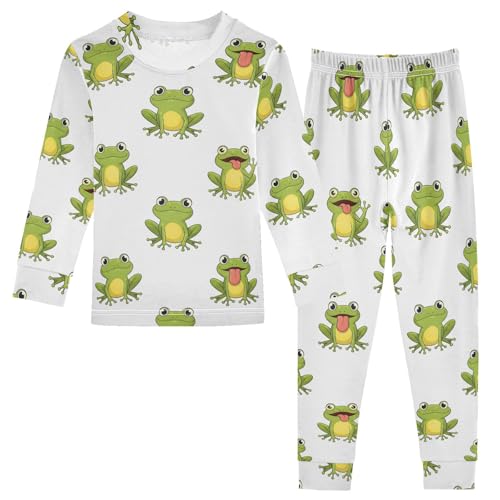 Pajama Sets Long Sleeve Frogs Pattern on White Soft Comfy Sleepwear 2 Piece PJS 3-8T