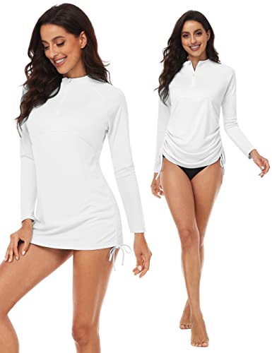 Desol Rash Guard For Women, Long Sleeve Half Zip Neckline Upf 50+ Sun Protection Swim Shirt, Quick Dry&Side Adjustable White #TOP5