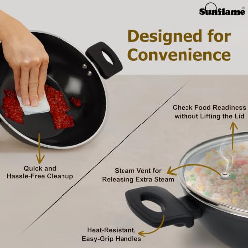 Image of Sunflame Ceramic Non-Stick Kadhai 24 cm with Glass Lid | No PFOA, PFAS, PTFE | Induction and Gas Stove Compatible | 2 Year Warranty by Sunflame | Requires Less Oil, Easy to Clean, Prevents Burning