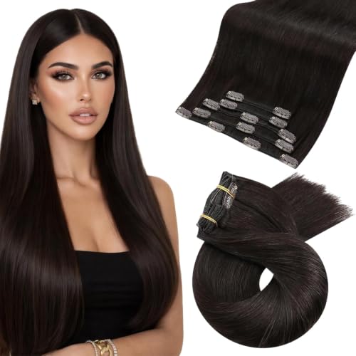 Image of Moresoo Brown Clip in Hair Extensions Real Human Hair Double Weft Human Hair Clip in Extensions Straight Dark Brown #2 5pcs 80g 16inch