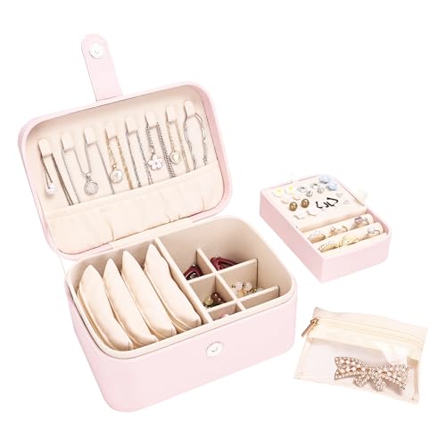 Boxudeli 2 Layer Jewellery Box with 4 Velvet Jewellery Pouches, Large Travel Jewellery Organiser, Medium Size Jewellery Storage Box Case, Portable PU Leather Jewellery Box for Women (Light pink)