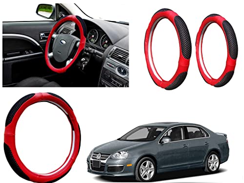 Image of Microfiber Car Steering Wheel Cover, Soft Padding Great Hand Feel, Anti-Slip, Faux Leather Steering Cover for Volkswagen Jetta Type1 | Black Red Jali - Pack of 1