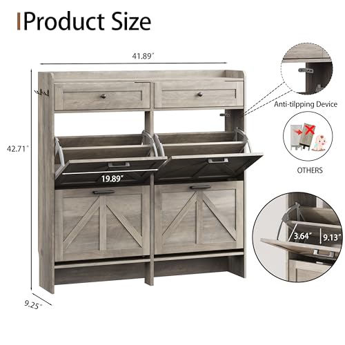 Image of Shoe Cabinet with 4 Flip Drawers & 2 Top Drawers, 43 inch Tall Freestanding Narrow Wooden Shoe Storage Organizer for Entryway, Hidden Slim Shoe Rack for Front Door Entrance, Hallway, Living Room, Grey