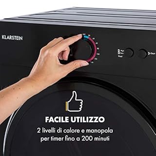 Klarstein Jet Set - Asciugatrice a Evacuazione, 1020W, Verticale/Incasso, Classe C, 3 Kg, Asciugatura ad Aria, Selezione Calore, Timer, Compatta: 49x69x47,5 cm (LxHxP), Cestello Acciaio Inox, Nero