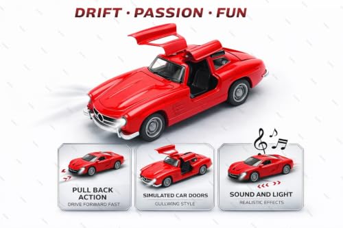 Image of Mercedes Vintage Diecast Toy Car -1:36 Scale Pull Back Metal Classic Car Model with Openable Doors, LED Lights & Music - Alloy Mini Vehicle Gift for Kids, Boys & Collectors【RED】