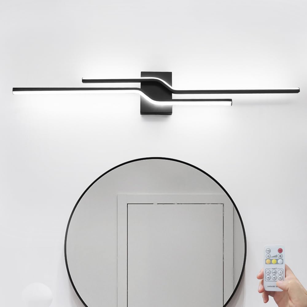 Modern LED Wall Sconce with Remote Control, Dimmable LED Wall Light, Modern Bathroom Light Fixture over Mirror, 39 inch Black Sconce Wall Lighting for Bathroom, Bedroom, Living Room